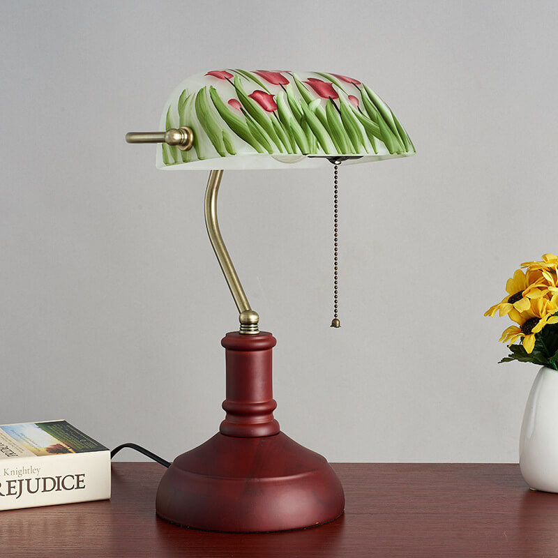 Floral Pattern Glass Wood Table Lamp
