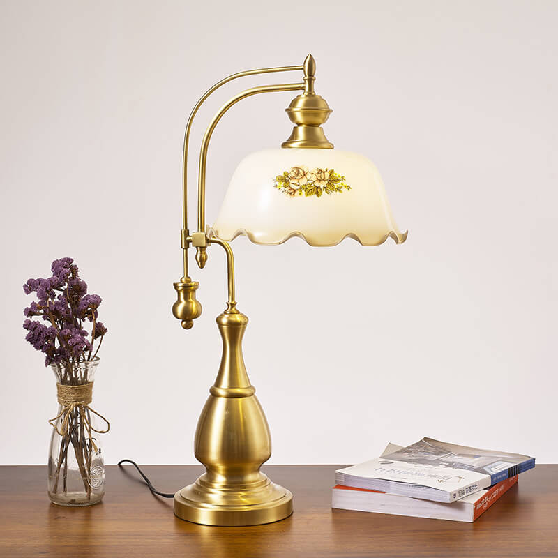 Camellia Printed Glass Copper Table Lamp