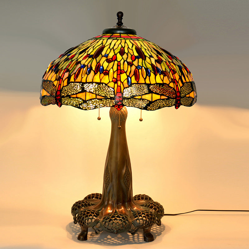 Dragonfly Stained Glass Dome 3-Light Table Lamp