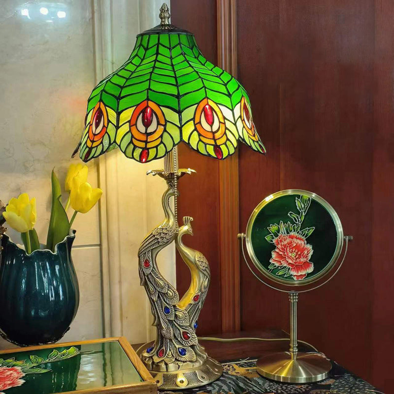 Peacock Glass Copper Bedroom 2-Light Table Lamp