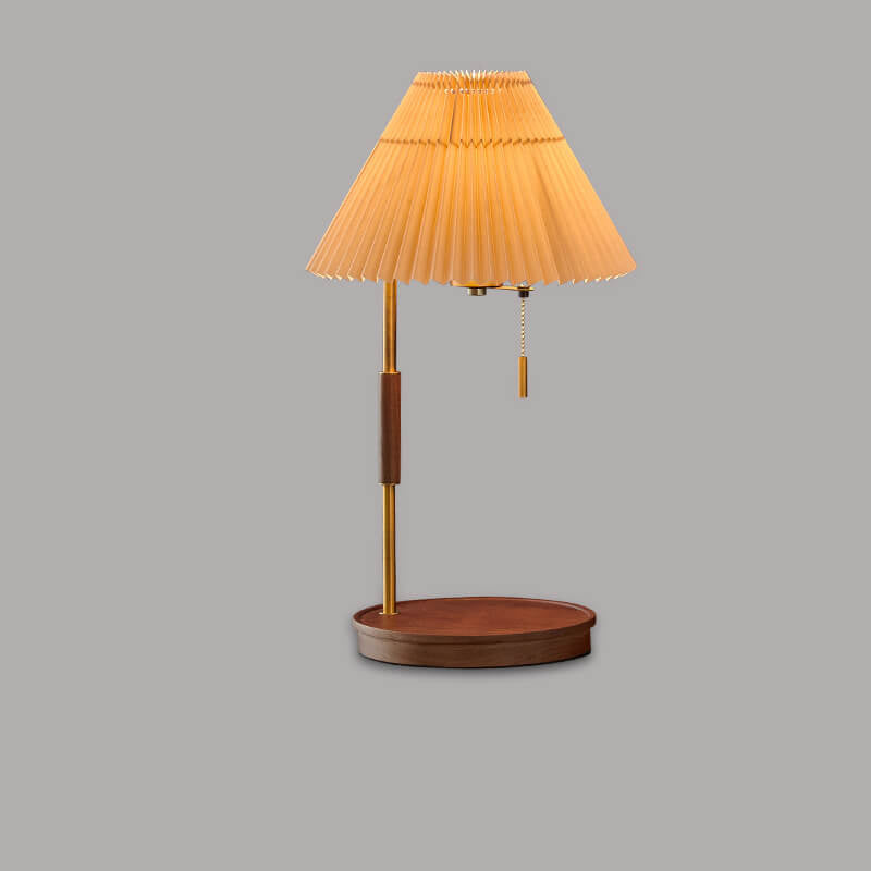 Pleated Walnut Wood Round Table Lamp