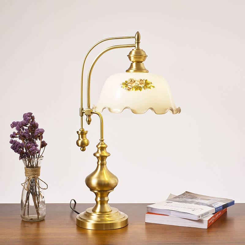 Camellia Printed Glass Copper Table Lamp