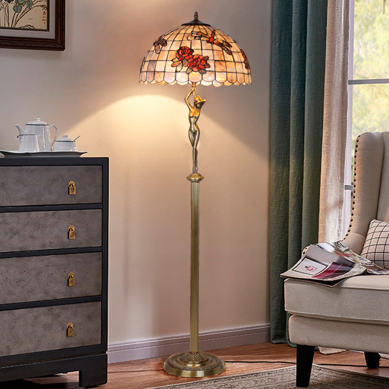 Brass Shell Dome Rose 3-Light Floor Lamp