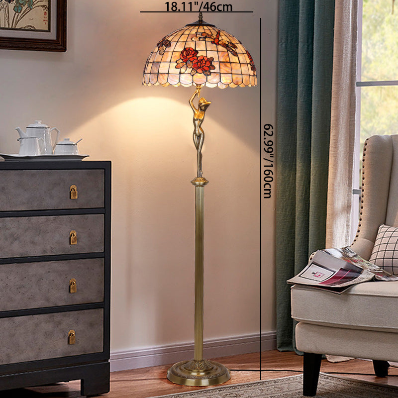 Brass Shell Dome Rose 3-Light Floor Lamp