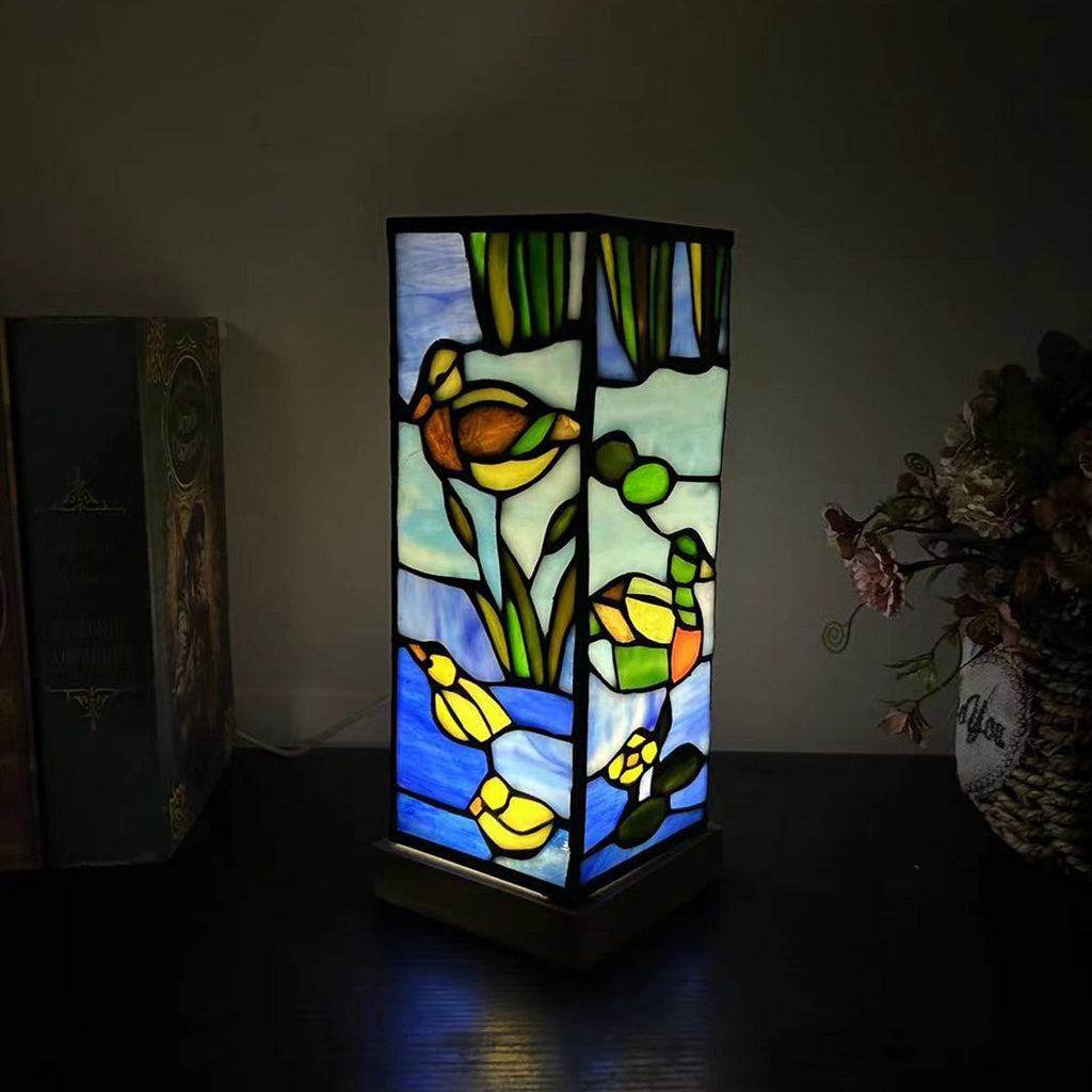 Rectangular Bamboo Wood Glass Table Lamp