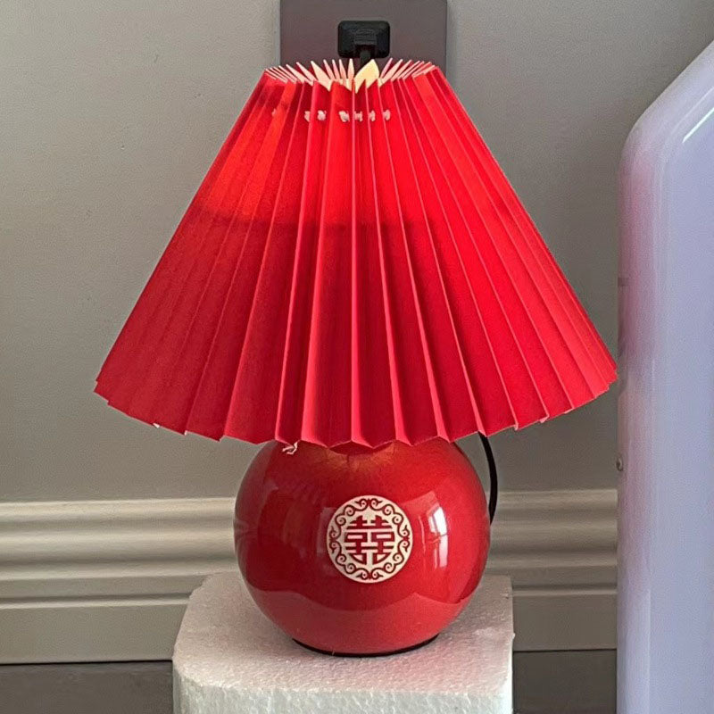 Red Pleated Fabric Lampshade Table Lamp