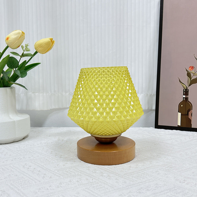Wood Glass Tapered Ribbed Table Lamp