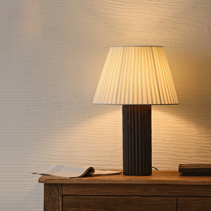 Cylinder Pleated Wood Fabric Table Lamp