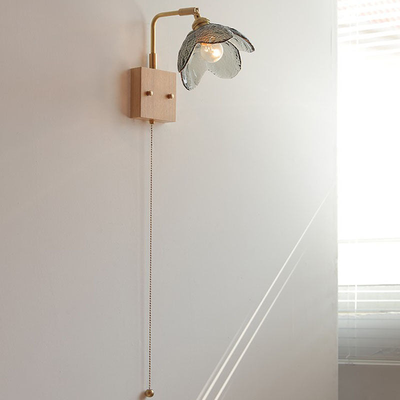 Wood Brass Glass Flower Wall Lamp