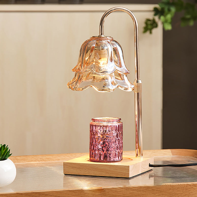 Floral Glass Metal Wood Table Lamp