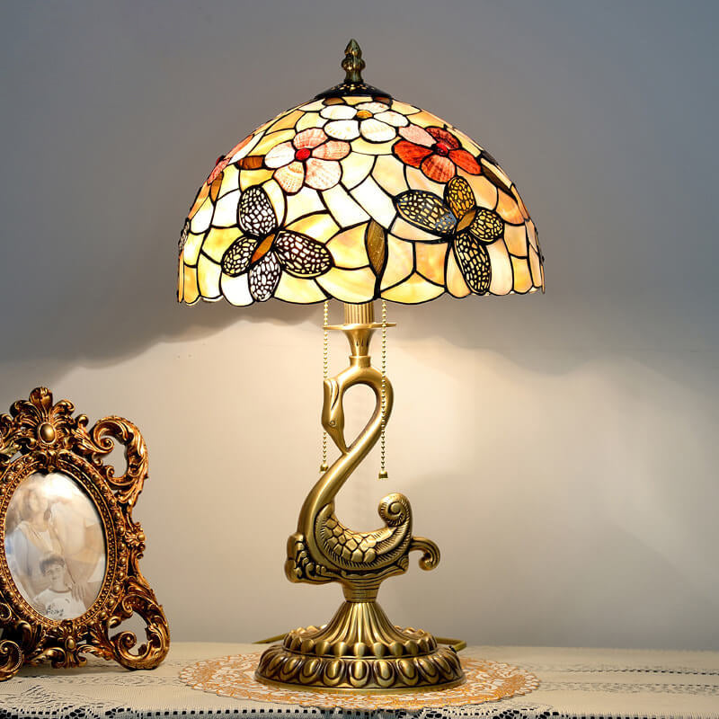 Floral Stained Glass Swan 2-Light Table Lamp