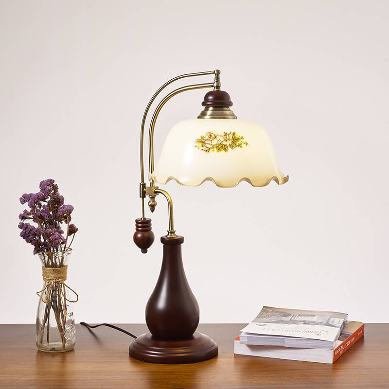 Camellia Printed Glass Copper Table Lamp
