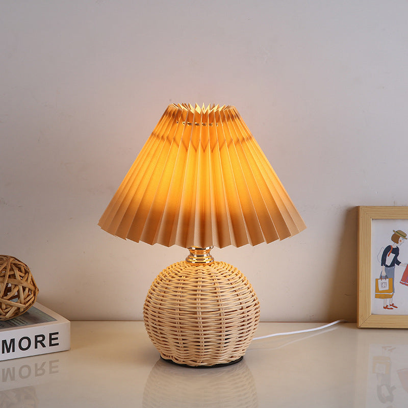 Rattan Fabric Pleated Conic Table Lamp