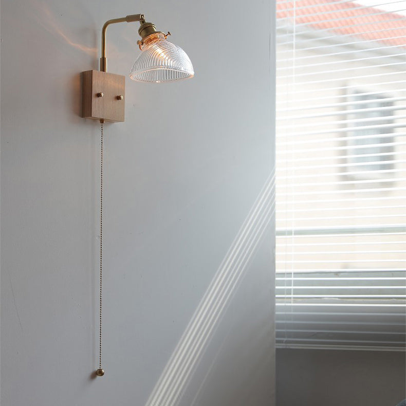 Wood Brass Glass Flower Wall Lamp