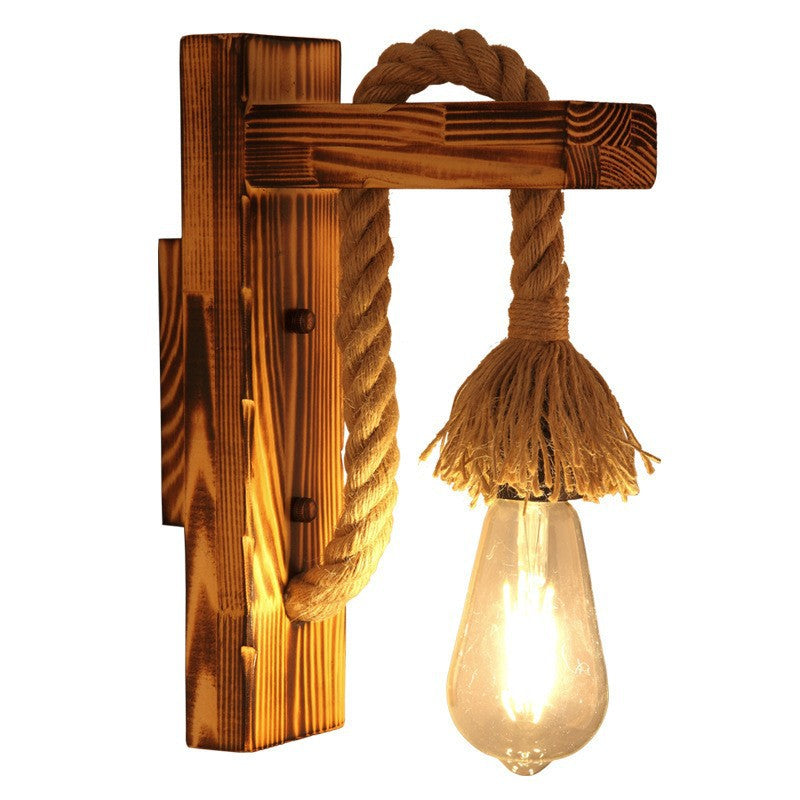 Wood Hemp Rope Iron Wall Lamp