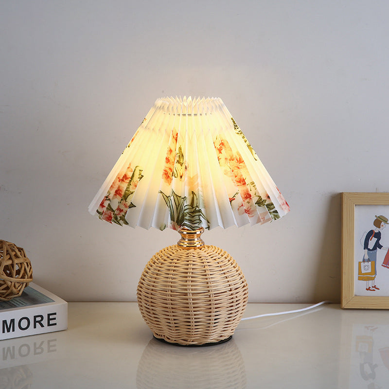 Rattan Fabric Pleated Conic Table Lamp