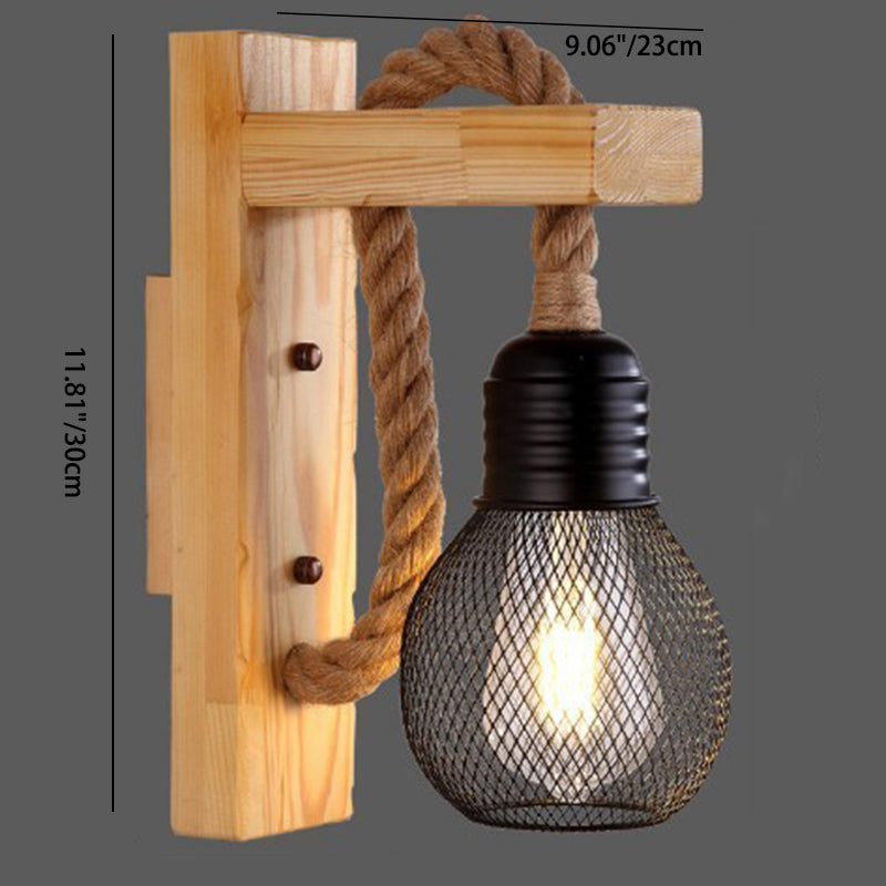 Wood Hemp Rope Iron Wall Lamp