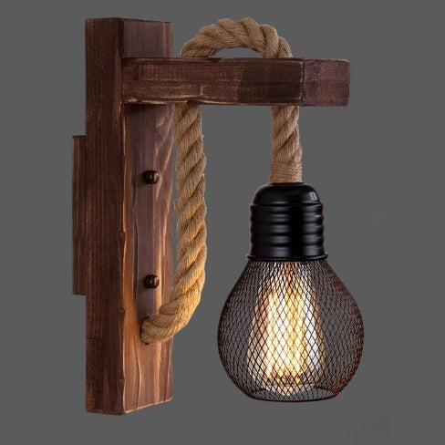 Wood Hemp Rope Iron Wall Lamp