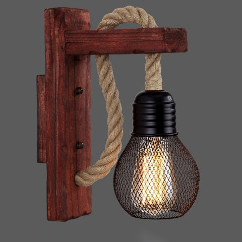 Wood Hemp Rope Iron Wall Lamp