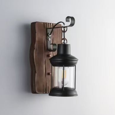 Cylinder Glass Iron Wooden Wall Lamp