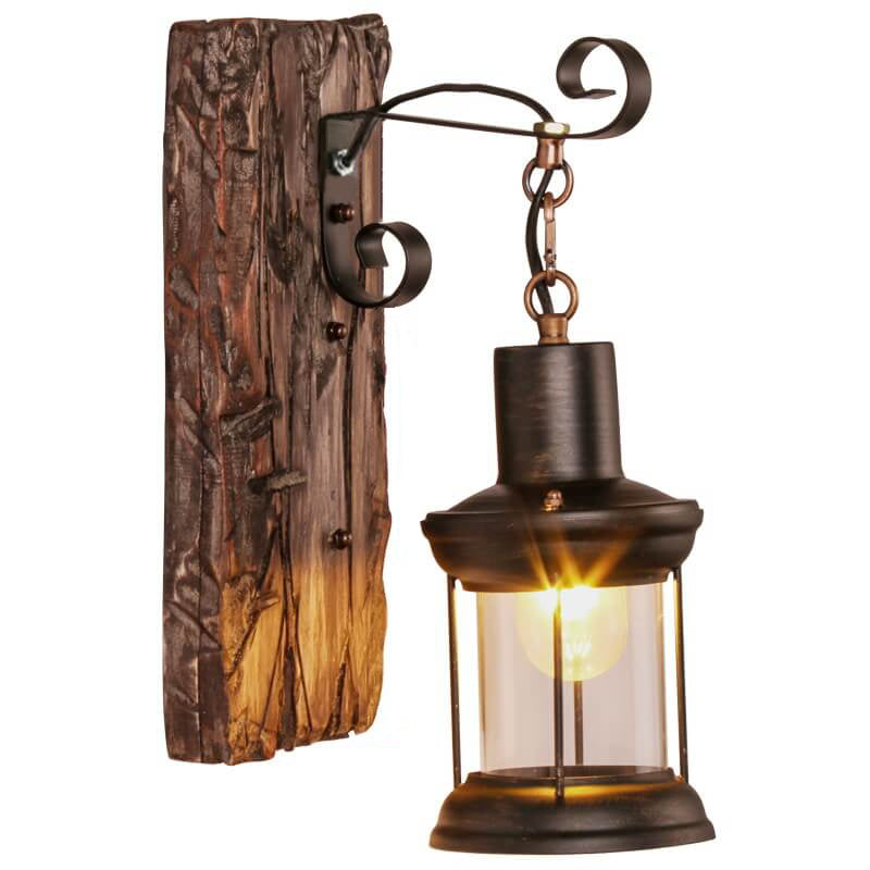 Cylinder Glass Iron Wooden Wall Lamp