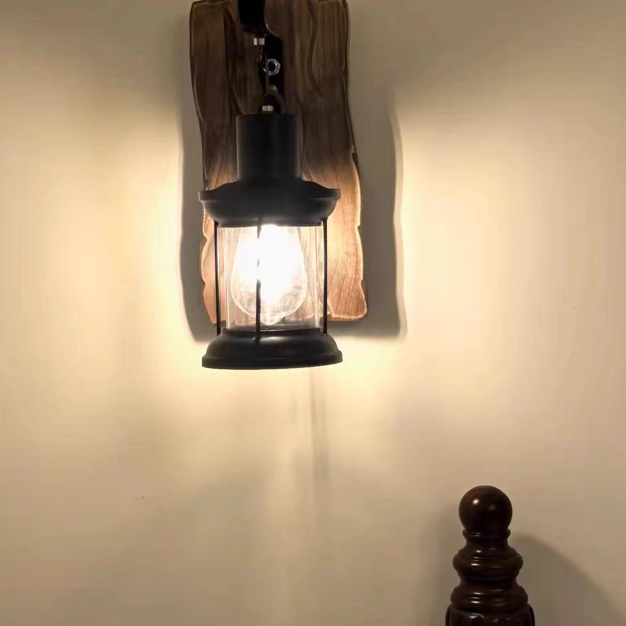 Cylinder Glass Iron Wooden Wall Lamp