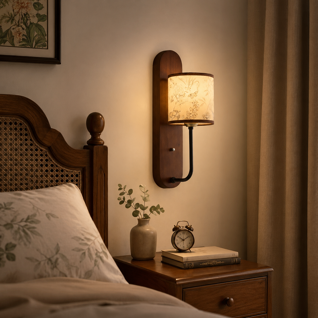 Rubberwood Metal Fabric Cylindrical Wall Lamp